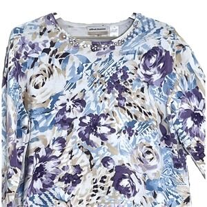 Alfred Dunner Womens Floral Sweater 1X Purple Blue 3/4 Sleeve Embellished Neck